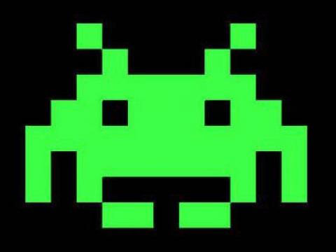 Computer graphic of a character from the game Space Invaders.