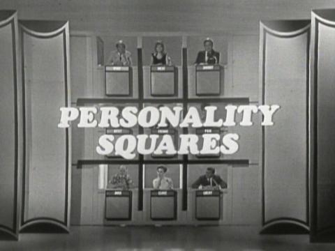 Television screenshot of 9 contestants behind podiums and the words Personality Squares.