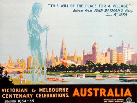 Poster for the Melbourne centenary in 1934-35 featuring a painting of Melbourne and the Yarra River with the figure of John Batman standing as a ghostly figure overlooking the city