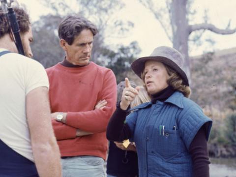 Pat Lovell on the set of Break of Day, 1977