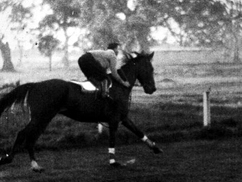 A back and white still frame from footage of Phar Lap being ridden on a track.