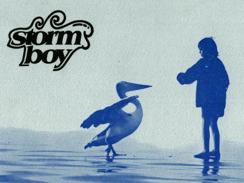 Blue tinted image of Storm Boy and Mr Percival the pelican standing on the sand with the words Storm Boy written above