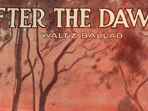 Text reads 'After the Dawn waltz ballad'. Red and black trees in the background.