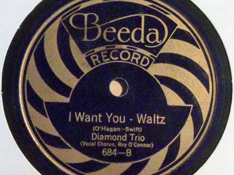 A black and gold coloured record label. It reads Beeda Record, 'I Want You - Waltz'. 