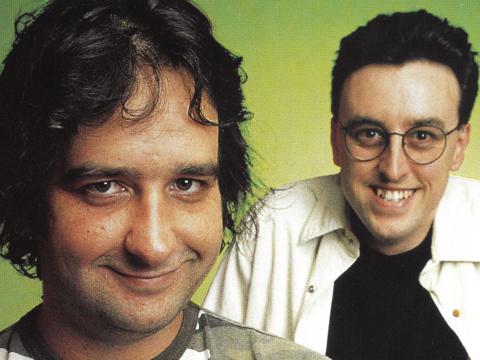 Close up of comedians Mick Molloy and Tony Martin