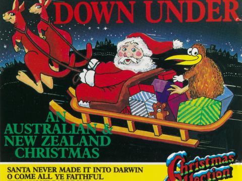 An album cover showing Santa in a sleigh with a kiwi. The sleigh is being pulled by two kangaroos. Text reads 'Christmas Down Under: An Australian and New Zealand Christmas'.