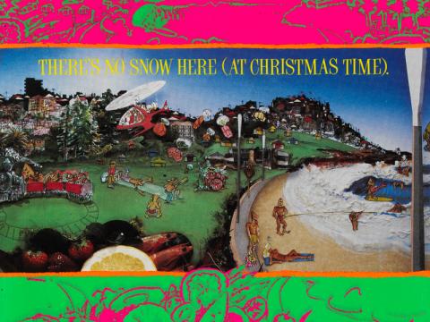 An album cover showing a beach. The text reads 'Delltones. There's No Smow Here (At Christmas Time).