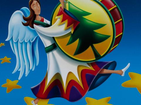 An album cover with an illustration of an angel playing a drum in the sky. Text reads 'The Spirit of Christmas 2008'.