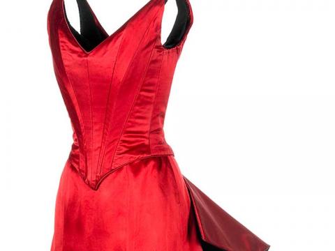 Detail of red silk satin bodice of costume worn by Nicole Kidman in Moulin Rouge!
