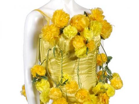 Detail of mannequin wearing a yellow leotard decorated with pom poms to look like wattle, from the film The Adventures of Priscilla, Queen of the Desert