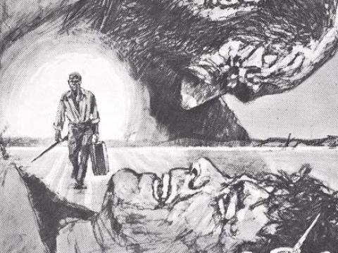Detail from a black-and-white hand-drawn film poster showing two men on top of each other wrestling with an insert image of man walking carrying a suitcase in one hand and rifle in the other