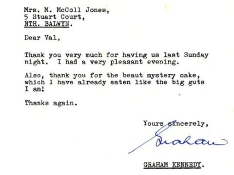 Typed thank you letter from Graham Kennedy 