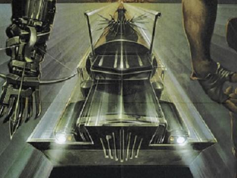 Illustrated image, futuristic vehicle in centre, partial view of two men on either side holding weapons.