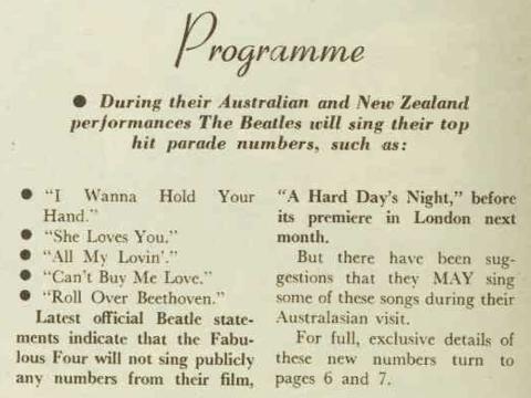 Section of The Beatles tour programme outlining the songs they will be performing on their 1964 tour of Australia, including 'I wanna hold your hand', 'She Loves You' and others.