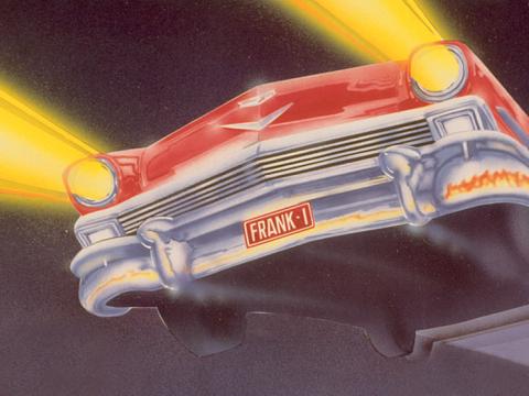 Drawing of a flying red car with headlights on.
