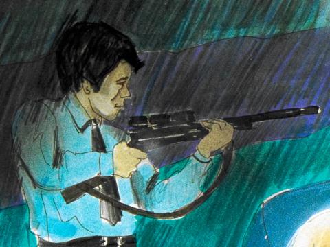 Drawing of a man in a blue shirt and black tie holding a shotgun as though he's pointing it at something and about to shoot.