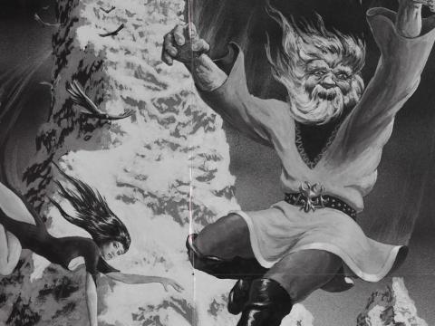 Fantasy-style drawing of a woman with long dark hair falling from the sky and a bearded old man leaping next to her. Behind them is a big mountain. 