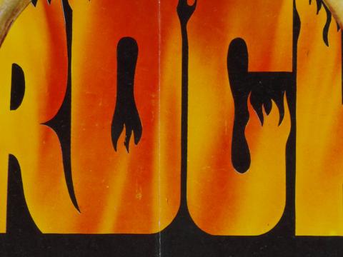 The word 'ROCK' drawn in big, bold block letters in red and yellow and made to look like flames, against a black background.