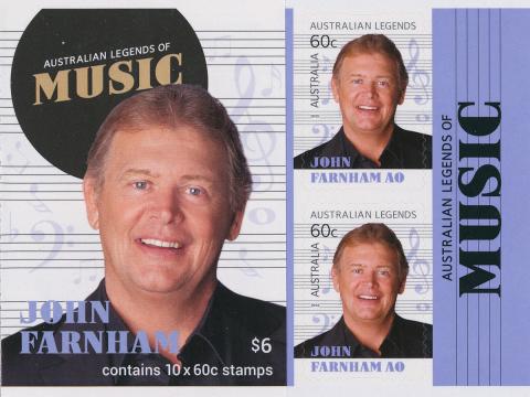 John Farnham head and shoulders shot on an Australia Post postage stamp. A title above his head says "Australia's legends of music"