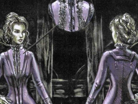 Detail of a Ned Kelly costume sketch showing back and front views of a woman in a lavender dress and inset of lace bodice