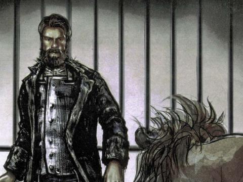 A costume sketch of Heath Ledger as Ned Kelly in a cage with a lion