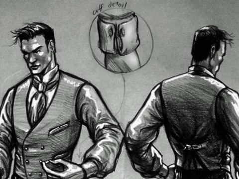Detail of a costume designer sketch showing front and back view of man in a waistcoat, shirt and tie with inset of sleeve cuff detail