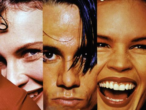 Detail from a poster for the film Strictly Ballroom, featuring close-ups of the faces of actors Tara Morice, Paul Mercurio and Sonia Kruger