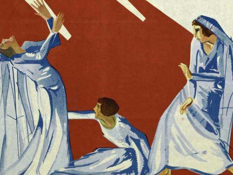 Three female figures strike poses on a stylised 1928 film poster