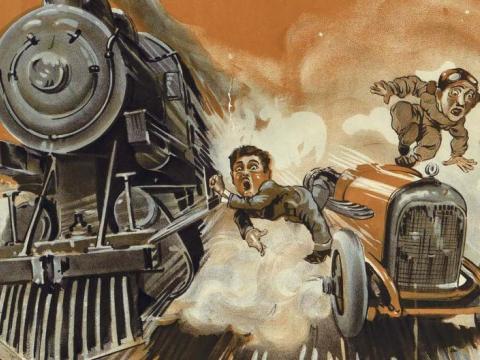 A man jumps between a speeding car and train in an illustrated film poster from 1929