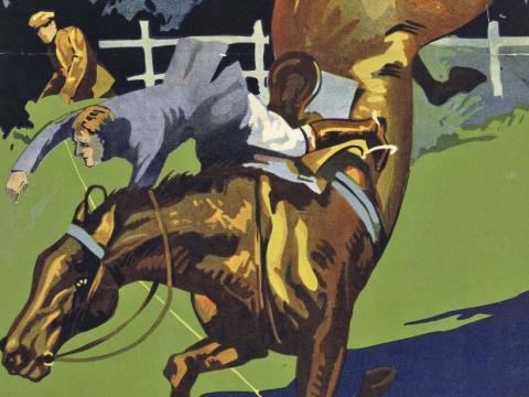 A man falls off a horse in a close-up from a 1928 film poster
