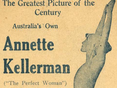A close-up of a leaflet advertising Annette Kellerman in 'the eight reel spectacular pictorial triump Neptune's Daughter'.