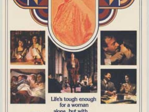 Vertical poster for the film Caddie showing several scenes from the film, a central image of Helen Morse as Caddie within an art deco design and Jack Thompson as Ted. Text reads, 'Caddie. She's loved, dumped, kissed and kicked around but mostly loved'.