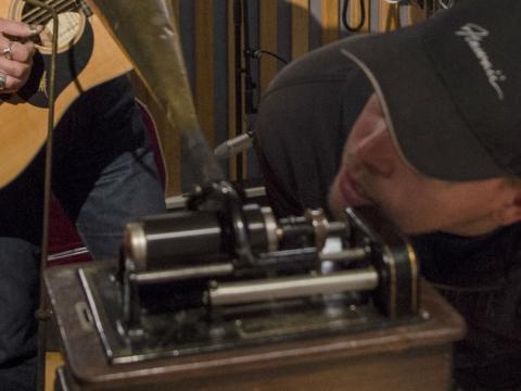 Close up of wax cylinder recording in progress