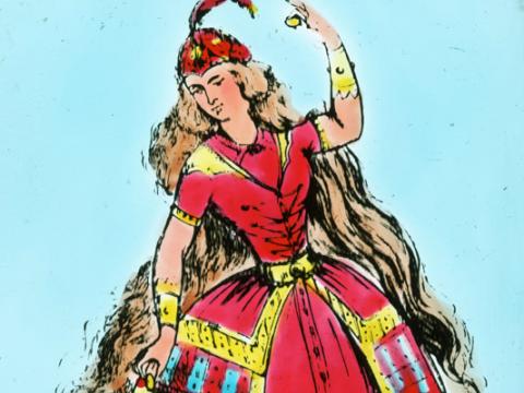 Glass slide depicting a woman dancing, wearing a red dress and feathered hat.