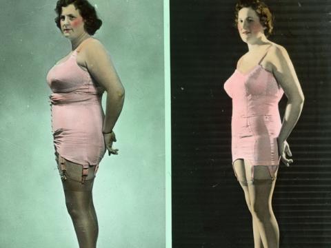 A side-by-side comparison of a woman dressed in two different types of underwear. The slide is hand-coloured.