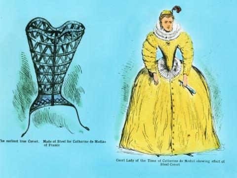 Two illustrations. One of a steel corset, the other of a woman wearing 1500s fashion.