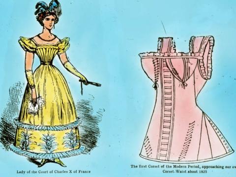 Two illustrations. One of a woman wearing a dress from the early 1800s and next to it, a corset.