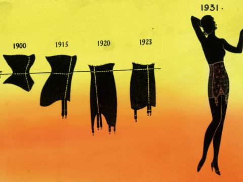 An illustration of five different types of corsets showing the evolution of the garment from 1900 to 1931.
