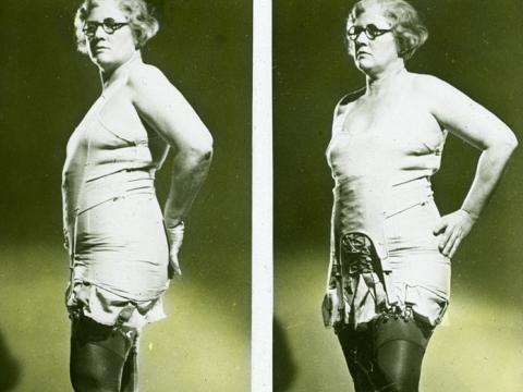 A side-by-side comparison of a woman wearing underwear from two different angles. The slide is hand-coloured.