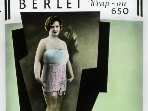A Berlei glass slide advertisement for the Wrap-on 650 foundation garment showing a model wearing it. The text says: 'For heavy figures requiring abdominal control'.