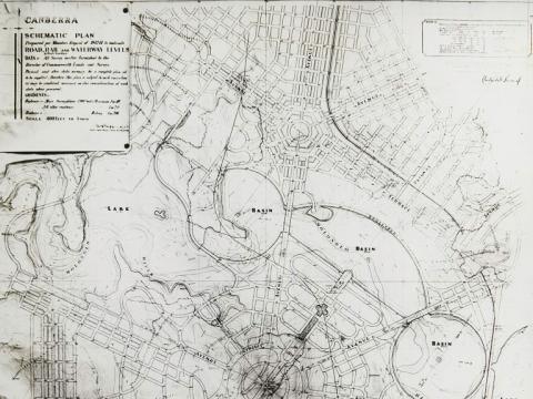 Glass slide of Walter Burley Griffin's schematic plan for the central area of Canberra indicates roads, rail and waterway levels.  
