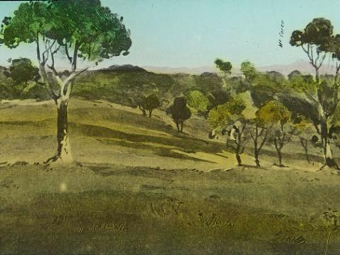 Glass slide shows one of six sections of the painting titled 'Cycloramic view of Canberra capital site, view looking from Camp Hill'.