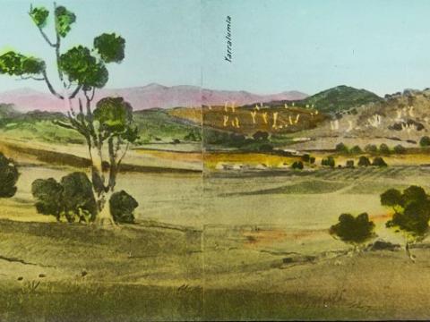 Glass slide shows the second of six sections of the painting titled 'Cycloramic view of Canberra capital site, view looking from Camp Hill'.