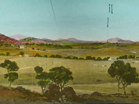 Glass slide shows the third of six sections of the painting titled 'Cycloramic view of Canberra capital site, view looking from Camp Hill'.