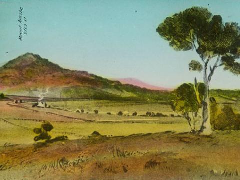 Glass slide shows the fourth of six sections of the painting titled 'Cycloramic view of Canberra capital site, view looking from Camp Hill'.