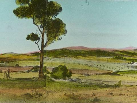 Glass slide shows the fifth of six sections of the painting titled 'Cycloramic view of Canberra capital site, view looking from Camp Hill'.