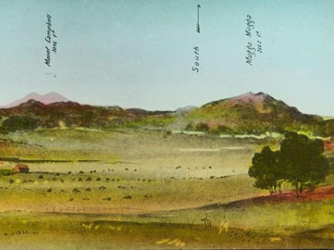Glass slide shows the sixth of six sections of the painting titled 'Cycloramic view of Canberra capital site, view looking from Camp Hill'.