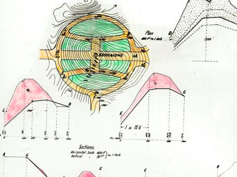 Glass slide showing a plan and four section drawings of the roadworks planned for the inner circuit of Kurrajong Hill as proposed by Walter Burley Griffin.
