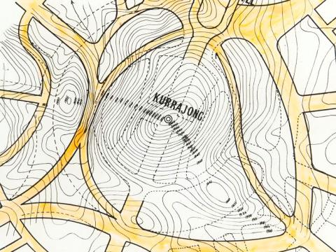 Glass slide showing an alternative design proposed by Walter Scott Griffiths for Kurrajong Hill. Griffith's plan is overlaid onto Walter Burley Griffin's plan for the Hill