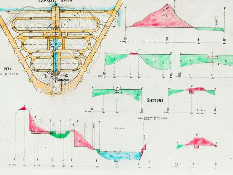 Glass slide showing a plan and seven section drawings for the area now known as the Parliamentary Triangle, which is situated between the Central Basin and Camp Hill.